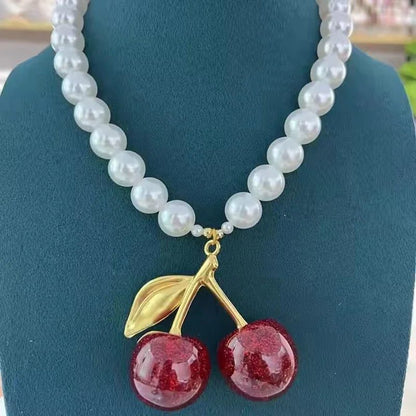 Chunky Cherry Pendant Necklace with Pearls