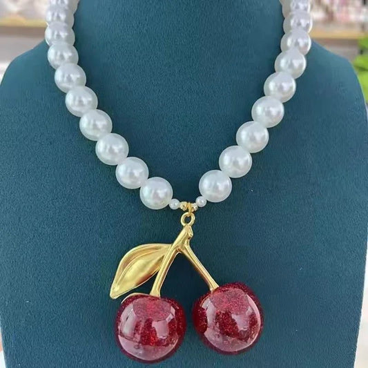 Chunky Cherry Pendant Necklace with Pearls