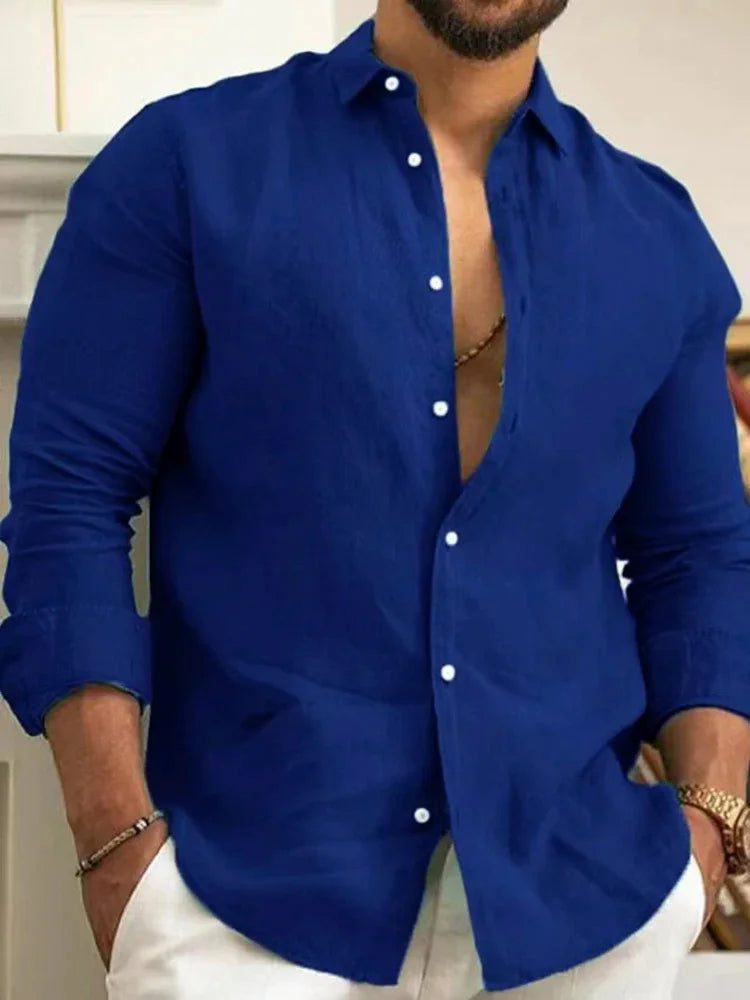 Classic Men's Cotton Linen Button-Up Shirt