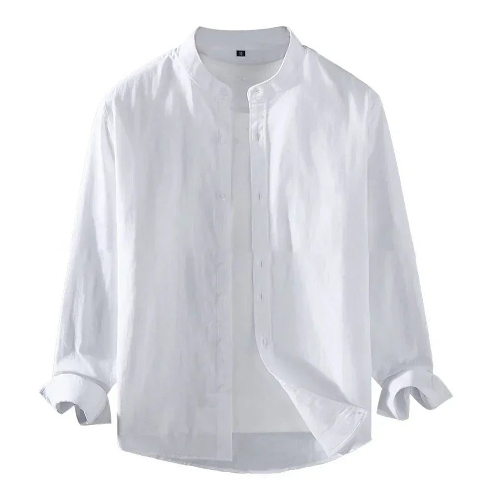 Men's Linen Stand Collar Long Sleeve Shirt