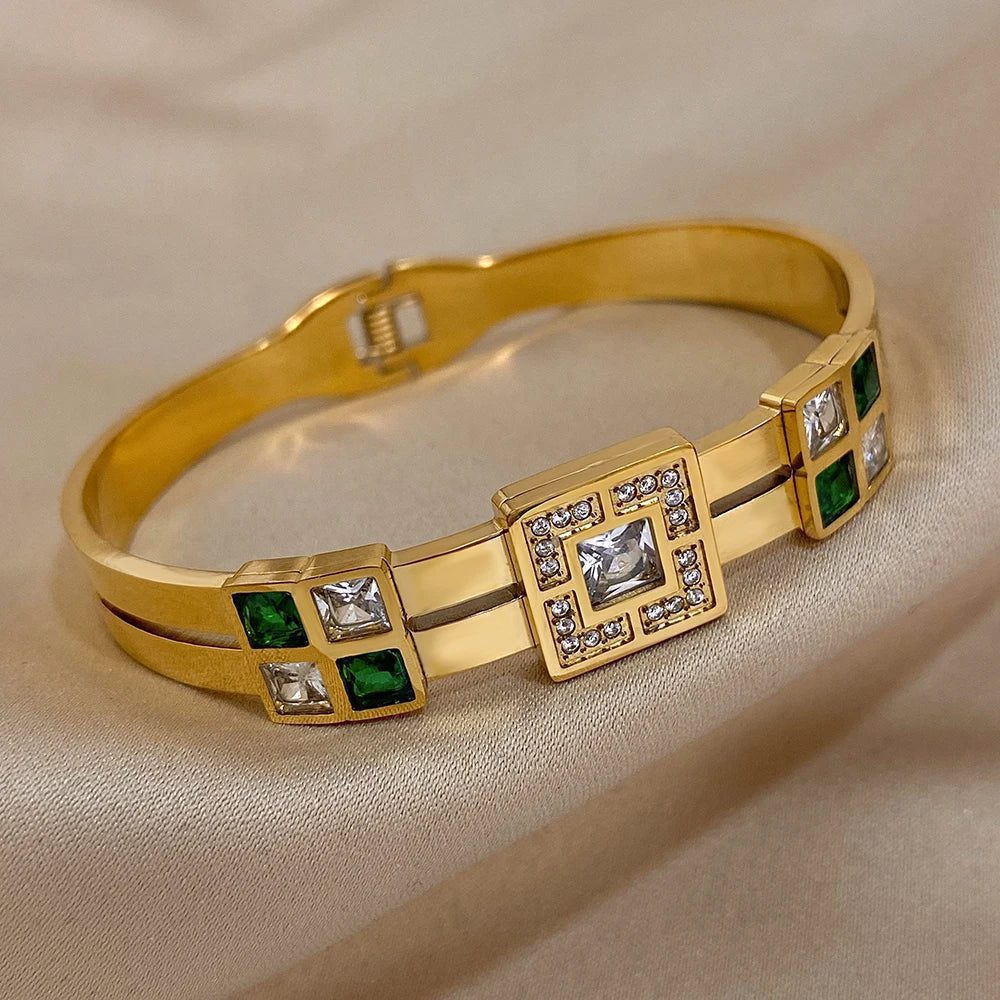 Luxury Waterproof Emerald Green Zircon Bangle Bracelet