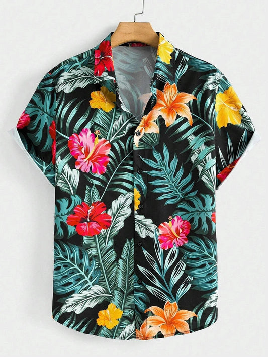 Hawaiian Floral Print Short Sleeve Button-Down Shirt