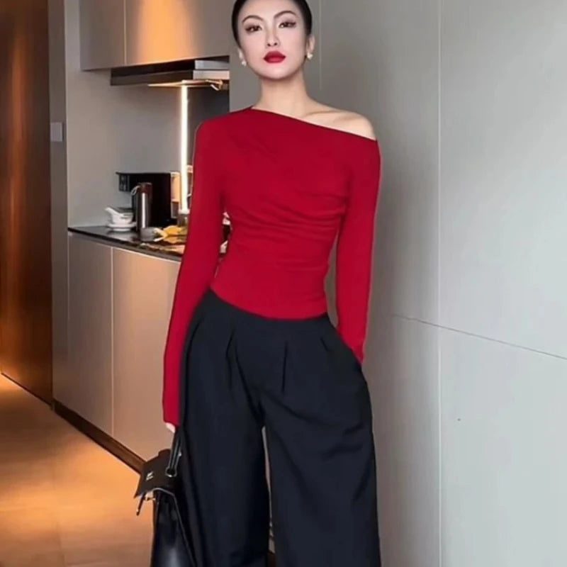 Red Off Shoulder Cotton T-Shirts for Women