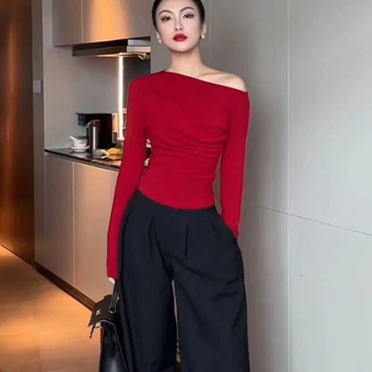 Red Off Shoulder Cotton T-Shirts for Women