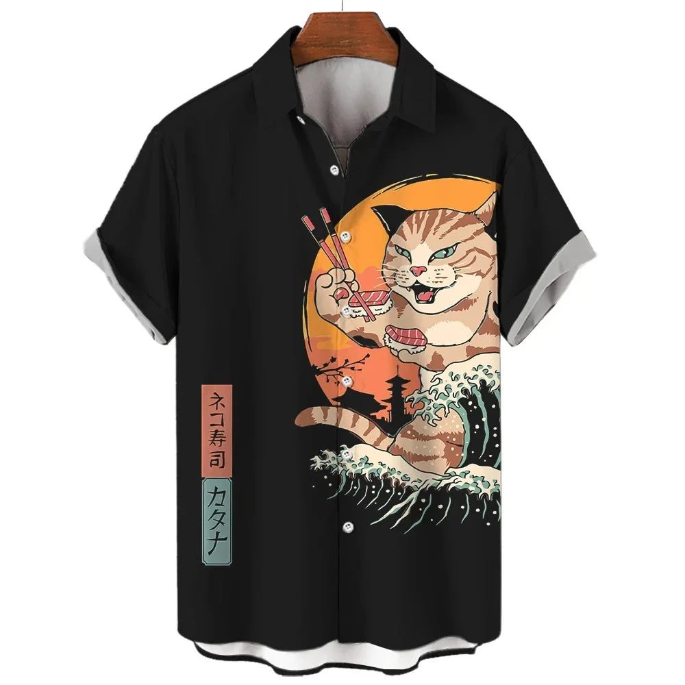 Cool Samurai Cat Hawaiian Shirt for Men