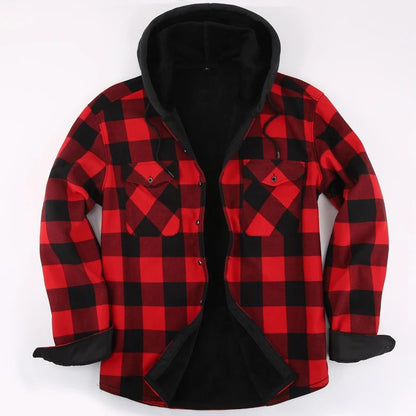 Men's Green Plaid Fleece Hooded Shirt Jacket