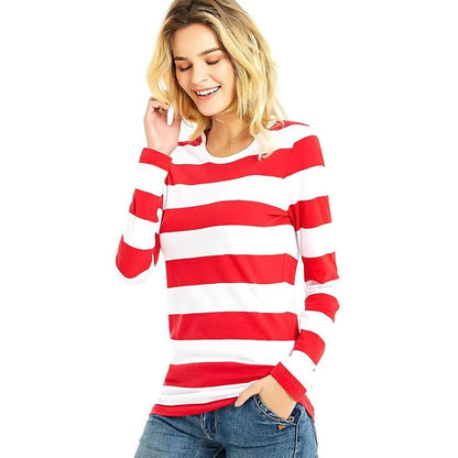 Women's Red White Striped Long Sleeve Tee