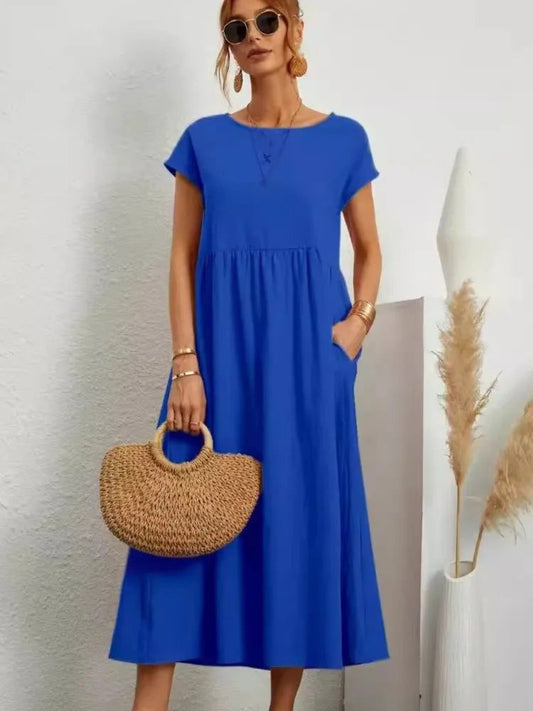 Casual Cotton Midi Dress with Pockets for Women