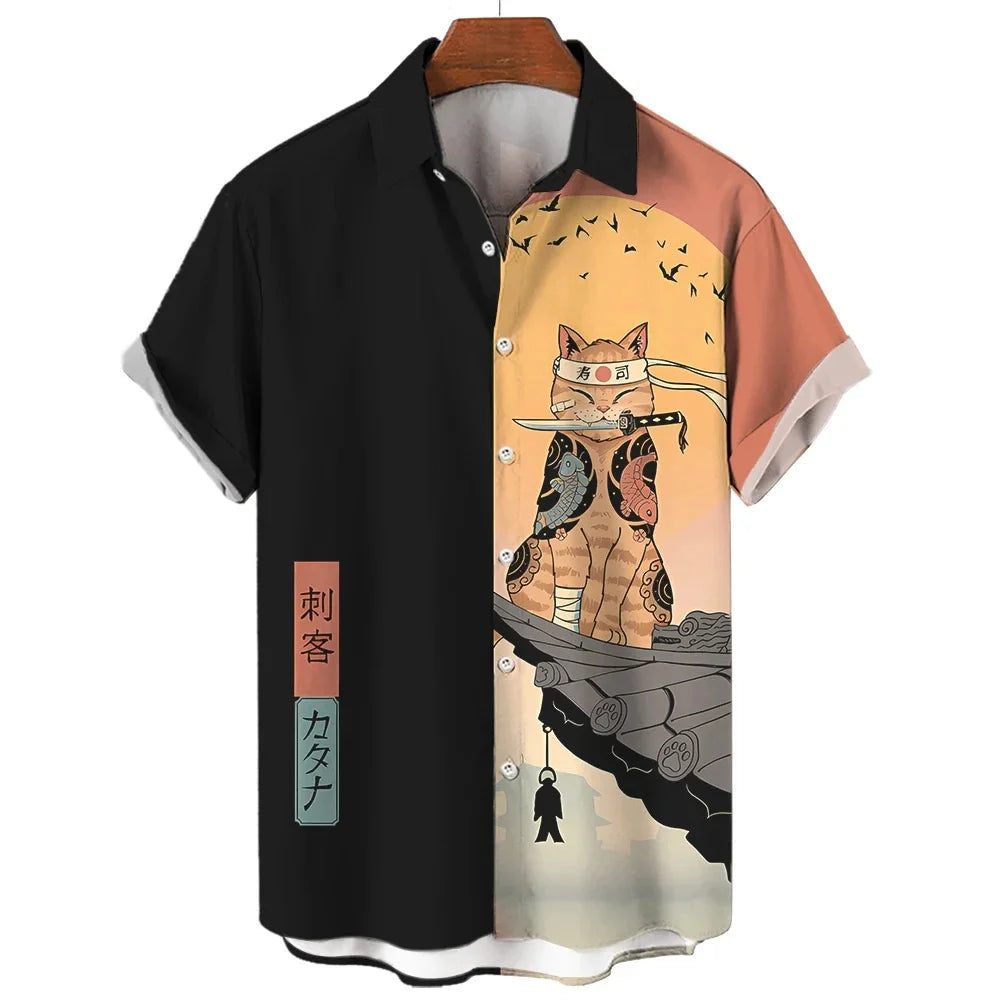 Cool Samurai Cat Hawaiian Shirt for Men