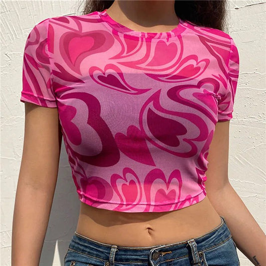 Pink Heart Print Mesh Crop Top Women