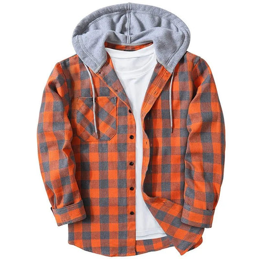 Men's Casual Plaid Flannel Hooded Shirt