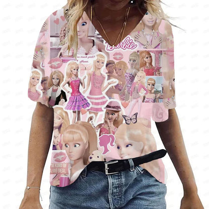 Pink V-Neck Casual T-Shirt for Women