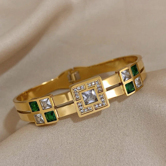 Luxury Waterproof Emerald Green Zircon Bangle Bracelet