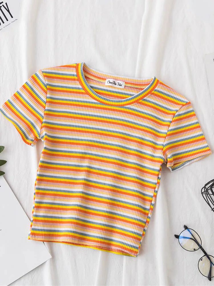Summer Rainbow Striped Slim Fit T-Shirt