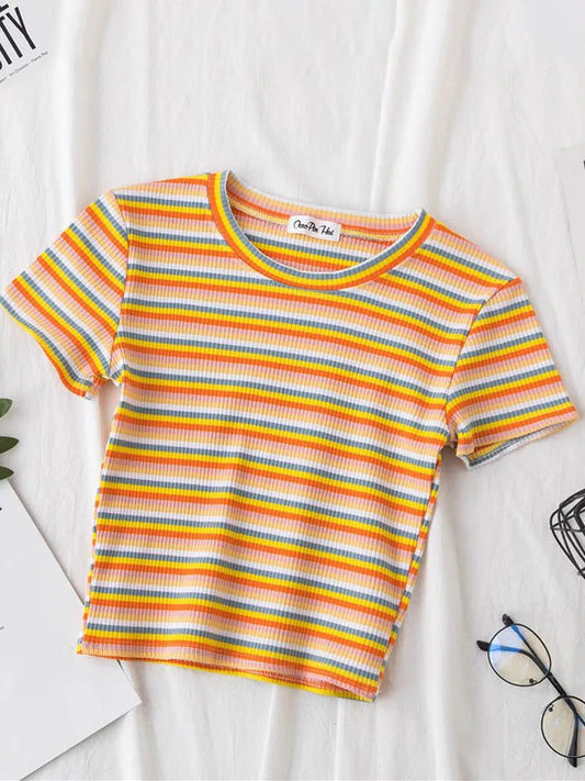 Summer Rainbow Striped Slim Fit T-Shirt