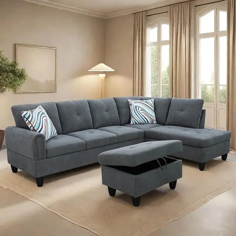 Modern L-Shaped Sofa with Ottoman for Living Room