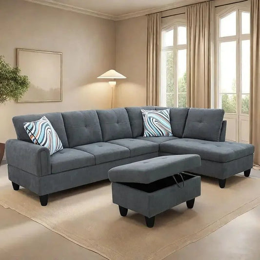 Modern L-Shaped Sofa with Ottoman for Living Room