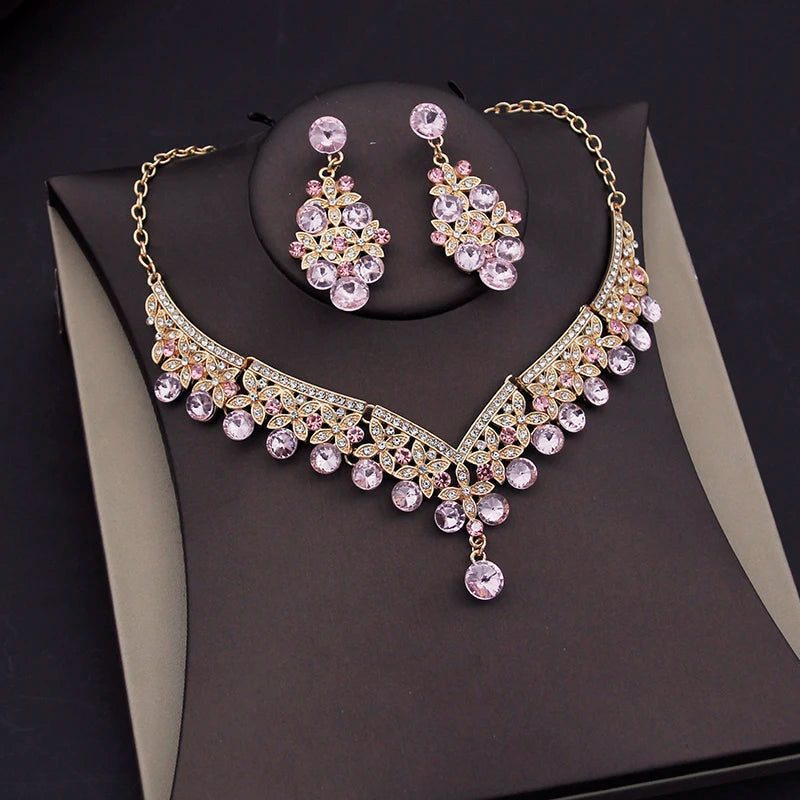 Luxury Pink Crystal Bridal Jewelry Sets