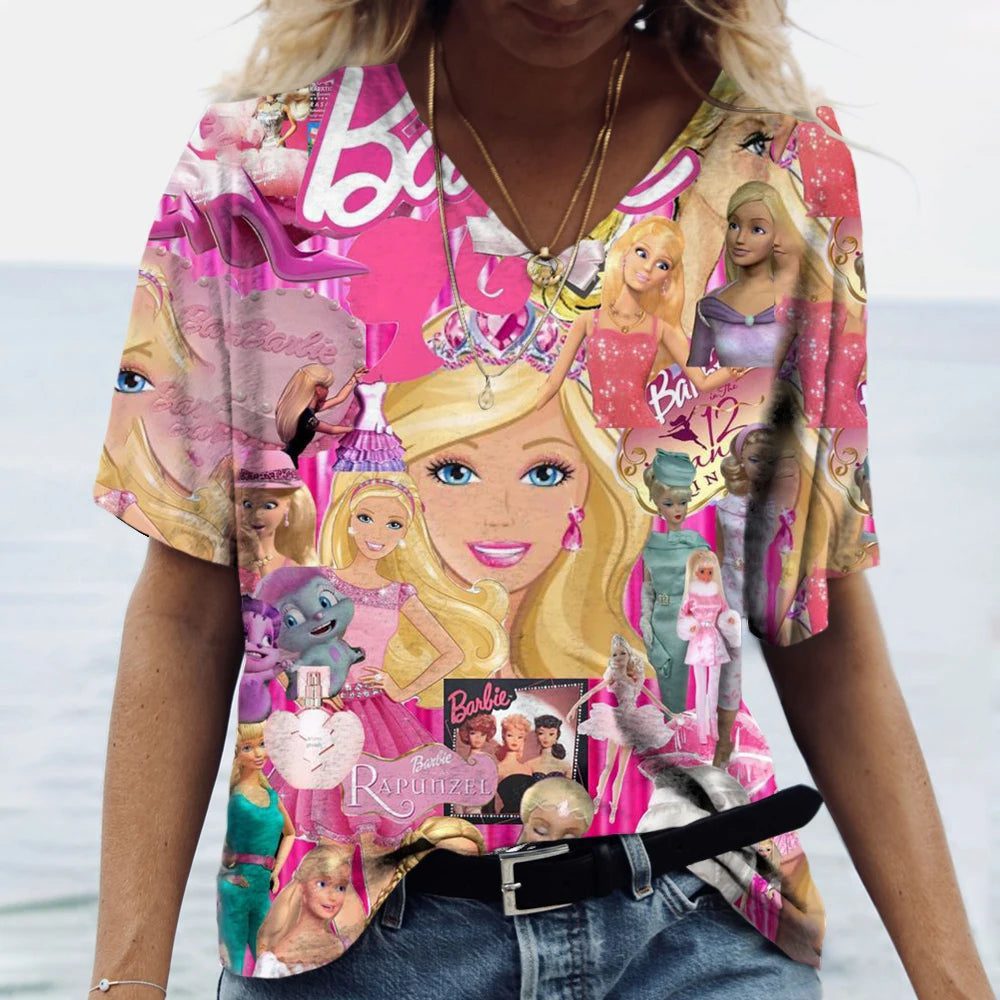 Vintage 3D Print V-Neck T-Shirt for Women