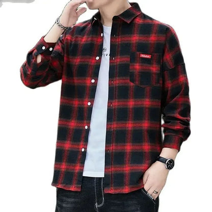Men's Casual Flannel Plaid Shirt - Red Black
