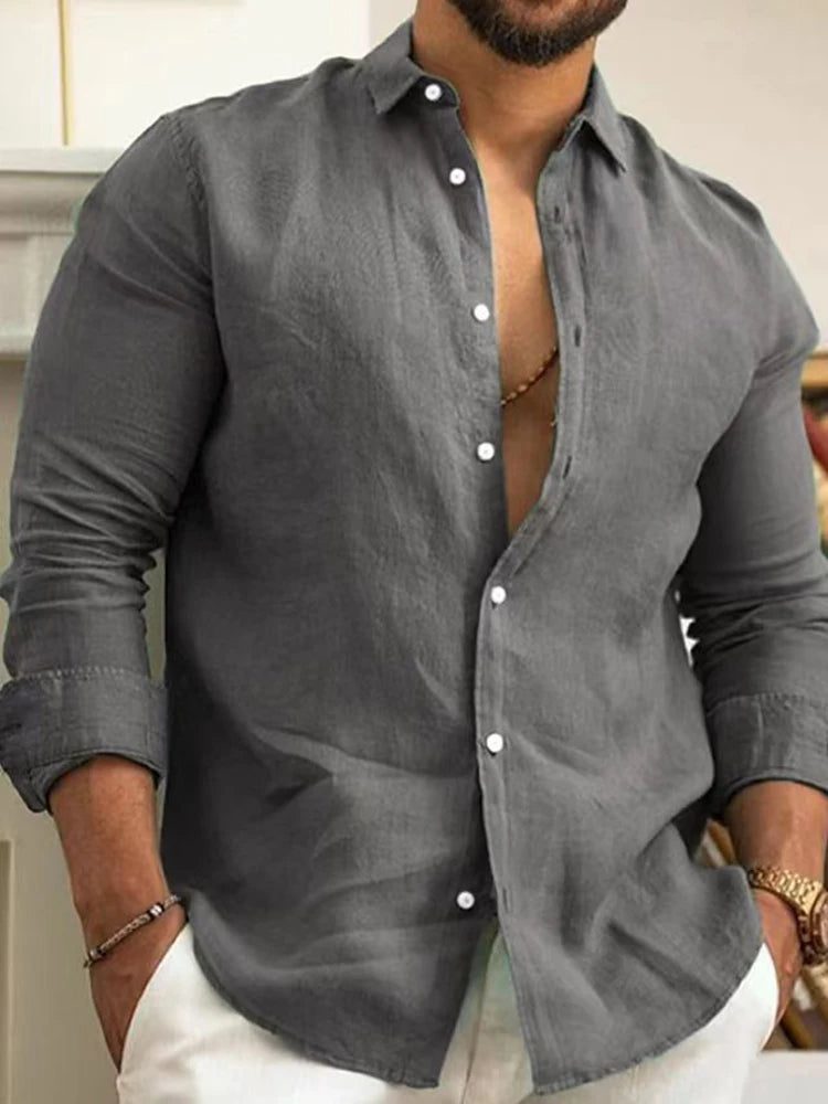 Classic Men's Cotton Linen Button-Up Shirt