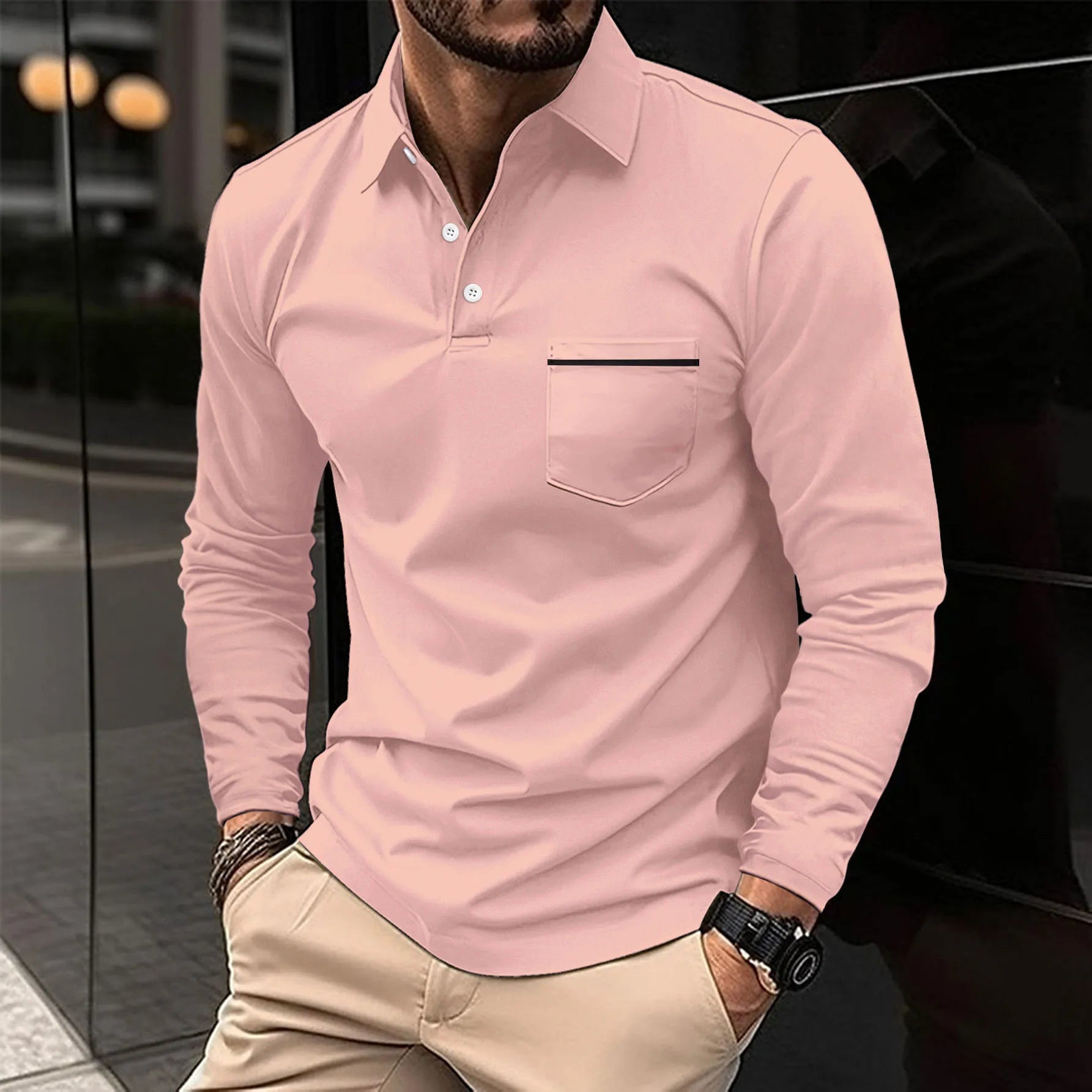 Men's Long Sleeve Pocket Polo T-Shirt