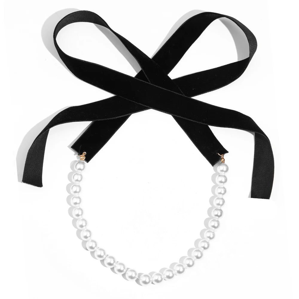 Gothic Black Velvet Choker with Pearl Beads
