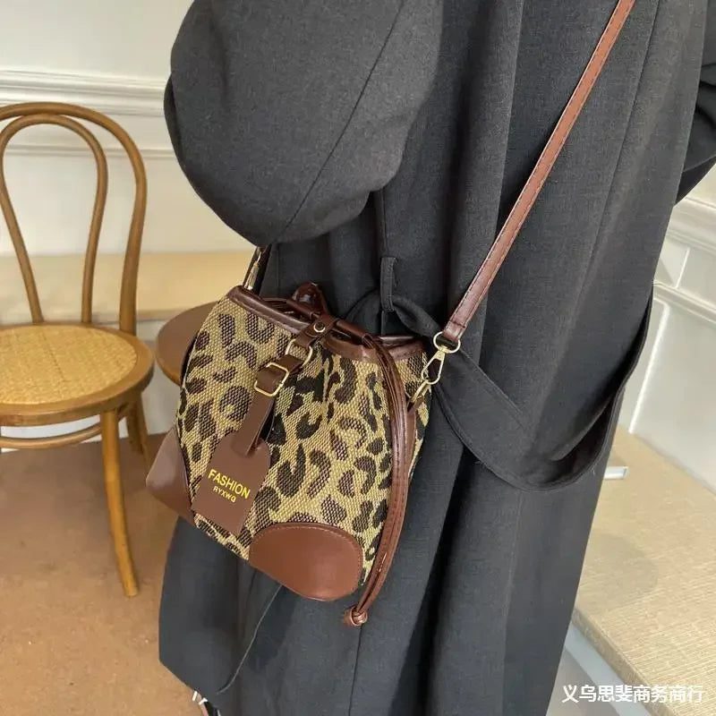 Leopard Print Crossbody Bucket Bag for Women