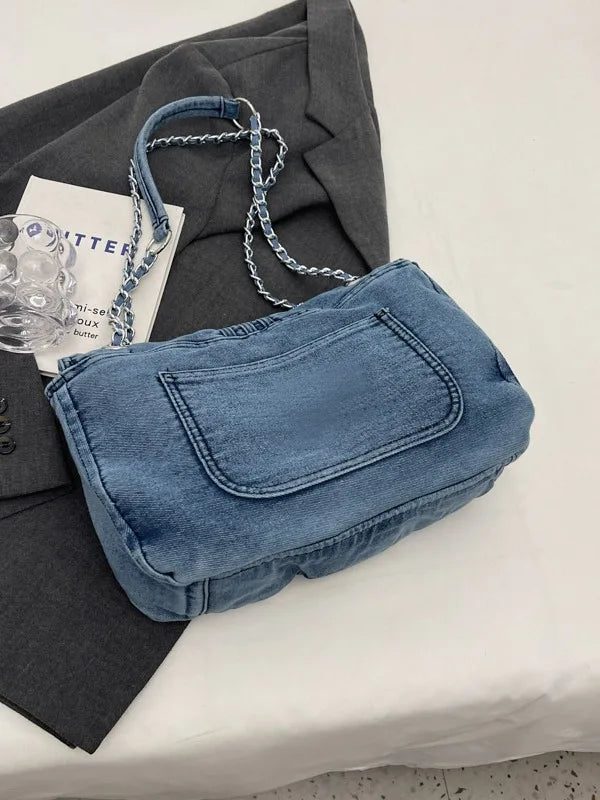 Casual Denim Shoulder Bags with Zipper Compartment