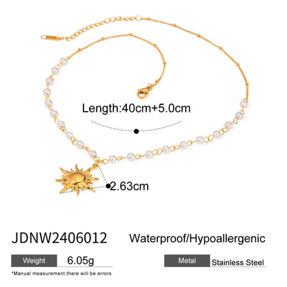 Waterproof Pearl Chain Sun Pendant Necklace