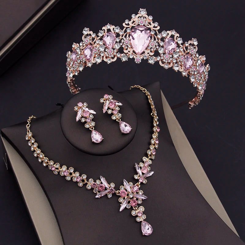 Luxury Pink Crystal Bridal Jewelry Sets