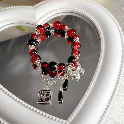 Vintage Red Beaded Butterfly Pendant Bracelet