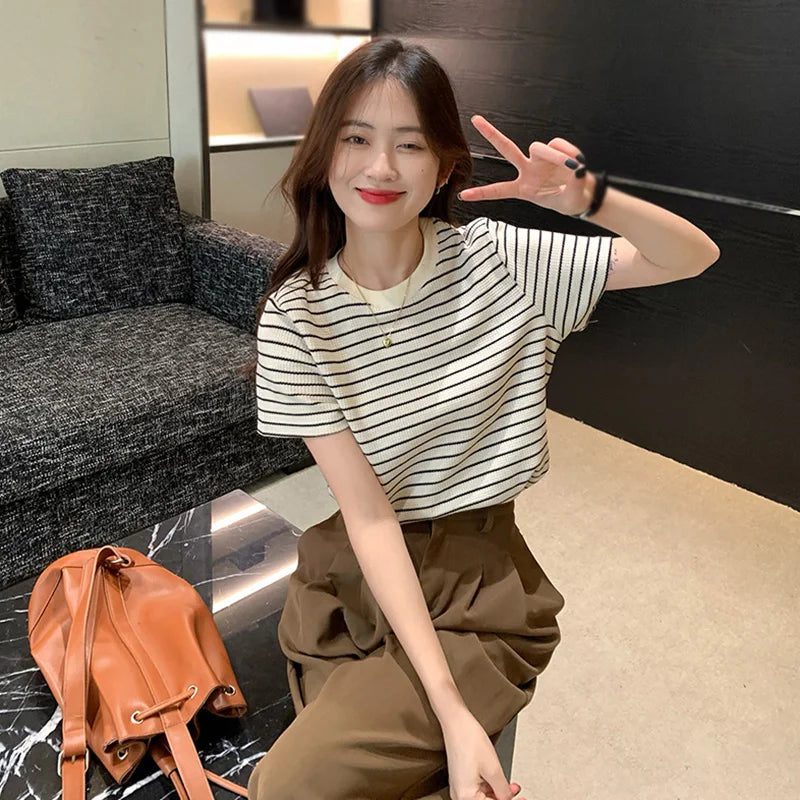 Casual Striped Cotton Tees for Women