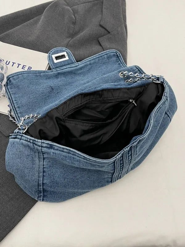Casual Denim Shoulder Bags with Zipper Compartment