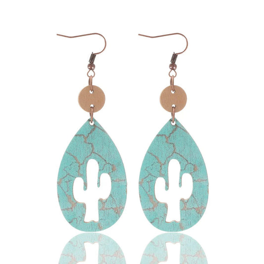 Western Cowboy Wooden Earrings with Cactus Design