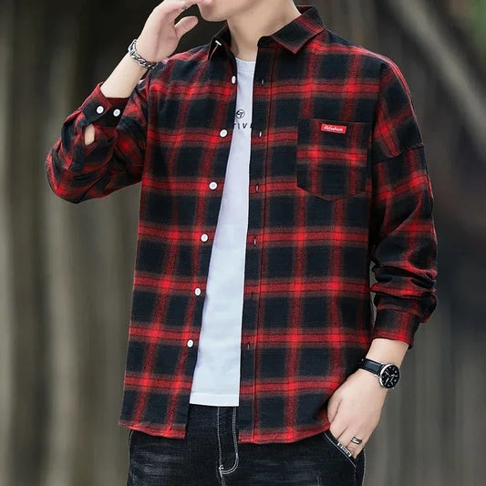 Men's Casual Flannel Plaid Shirt - Red Black
