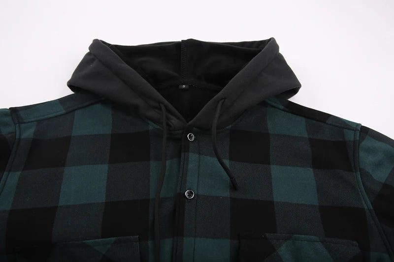Men's Green Plaid Fleece Hooded Shirt Jacket