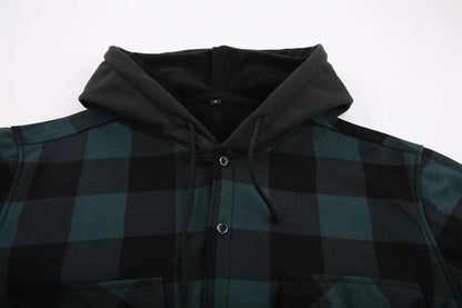 Men's Green Plaid Fleece Hooded Shirt Jacket