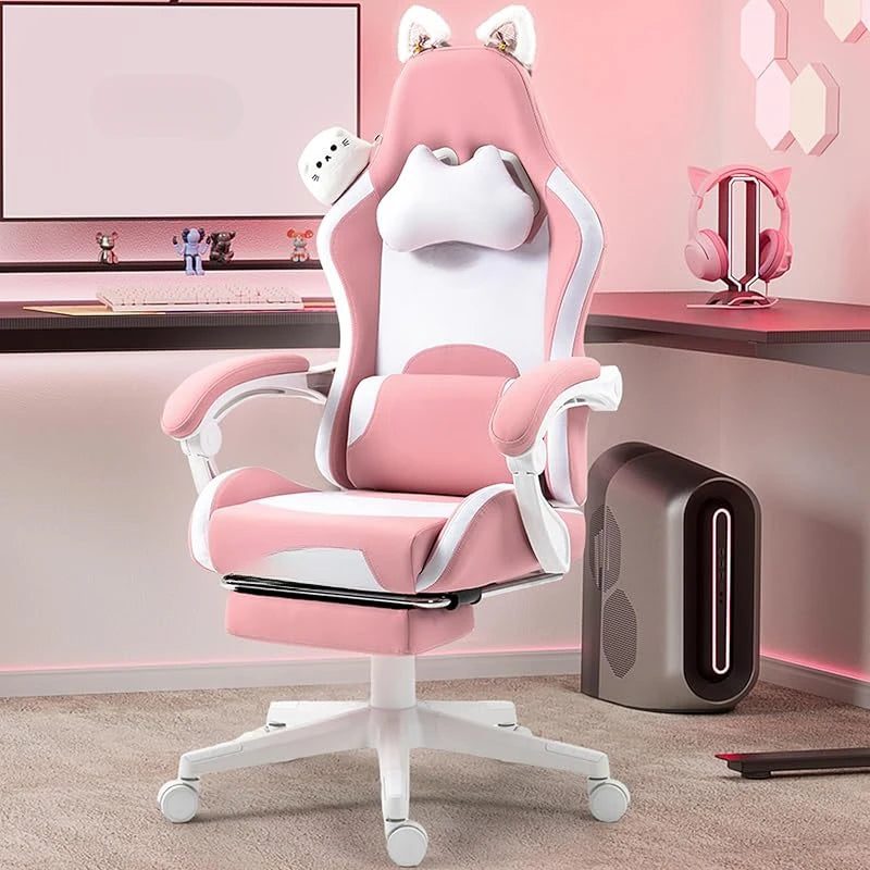 Ergonomic Pink Gaming Chair with Footrest