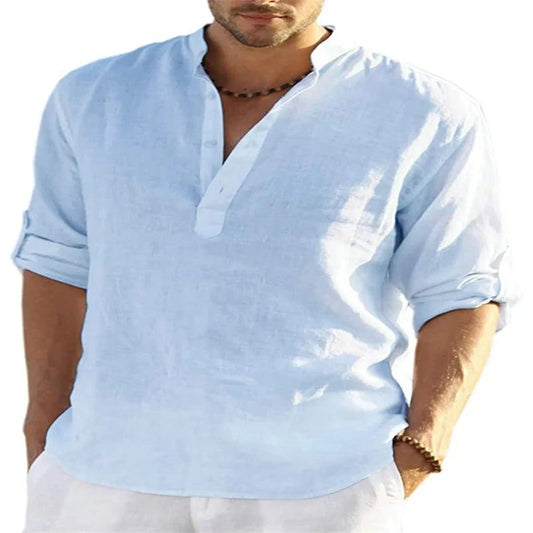 Men's V-Neck Cotton Linen Long Sleeve Shirt