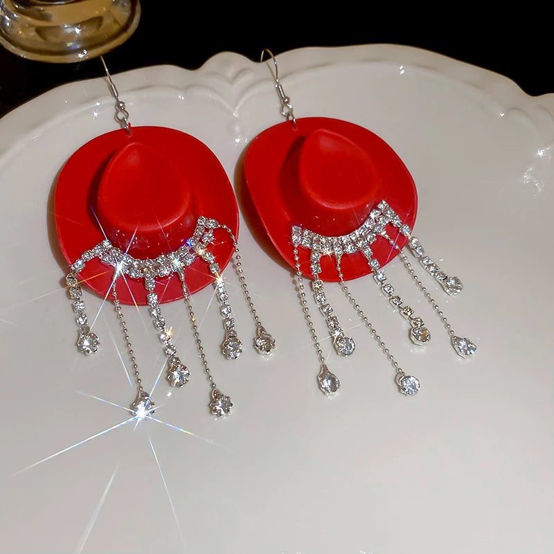 Shiny Rhinestone Cowboy Hat Dangle Earrings