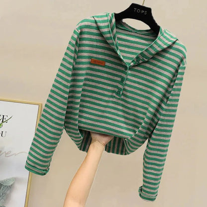 2023 Women's Striped Hooded Long Sleeve T-shirt