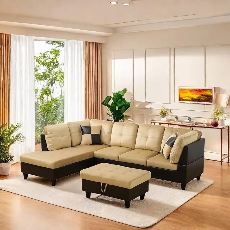 Modern L-Shaped Sofa with Ottoman for Living Room