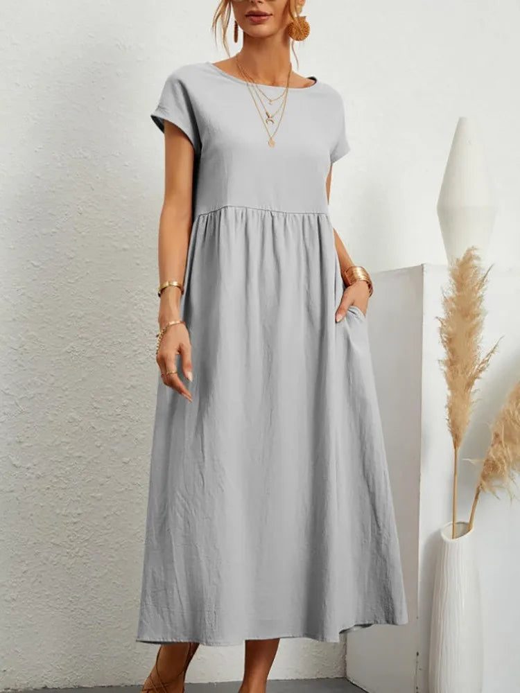 Casual Cotton Midi Dress with Pockets for Women