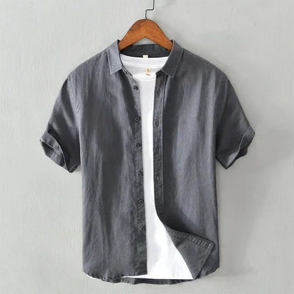 Men's Casual Yellow Cotton Linen Short Sleeve Shirts