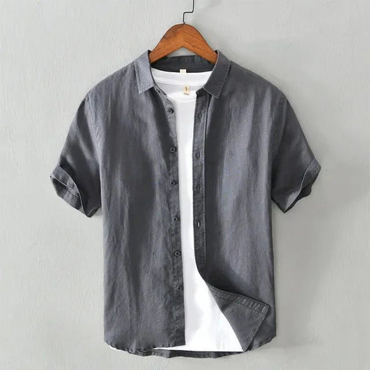 Men's Casual Yellow Cotton Linen Short Sleeve Shirts