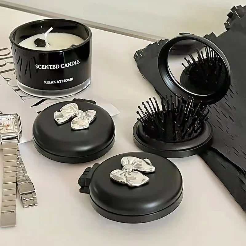Portable Black Folding Massage Comb with Mirror