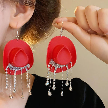 Shiny Rhinestone Cowboy Hat Dangle Earrings