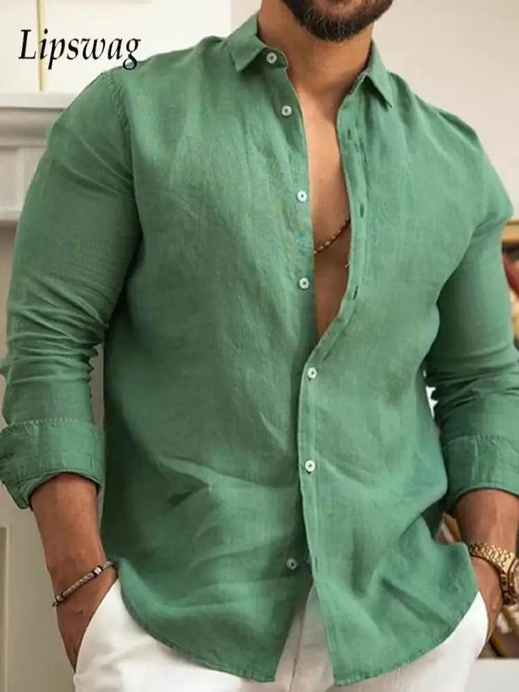 Classic Men's Cotton Linen Button-Up Shirt