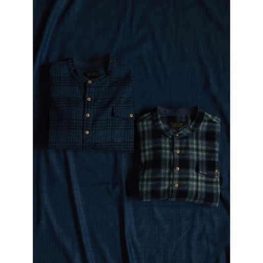 Vintage Men's Plaid Band Collar Flannel Shirt